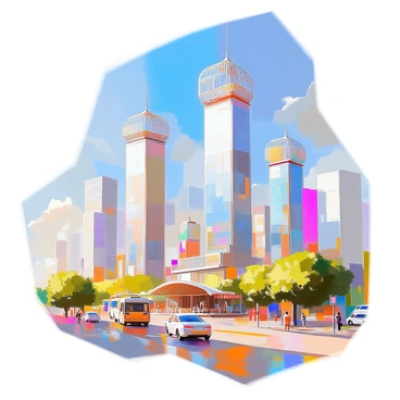 A vibrant cityscape features a skyline dominated by towering skyscrapers that are uniquely shaped like various types of cages. Each skyscraper presents a different cage design, including a birdcage, a pet carrier, and a decorative metal fence. The buildings are set against a clear blue sky, with sunlight reflecting off their glass surfaces, creating a striking contrast. Below, bustling streets are filled with small vehicles, and pedestrians can be seen navigating the sidewalks, adding life to the scene. The overall composition emphasizes the diversity of the cage-like structures as they stretch upwards towards the clouds.