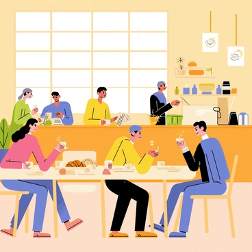 A cozy café in Beirut with warm wooden furniture and large windows that let in soft natural light. Several round tables are occupied by people of different ages, each enjoying steaming cups of coffee placed on saucers. There are plates of flaky pastries and croissants on the tables, with some people casually reading newspapers. A barista behind the counter is preparing drinks, and the walls are adorned with local artwork. The atmosphere is lively as conversations blend with the sound of coffee being poured.