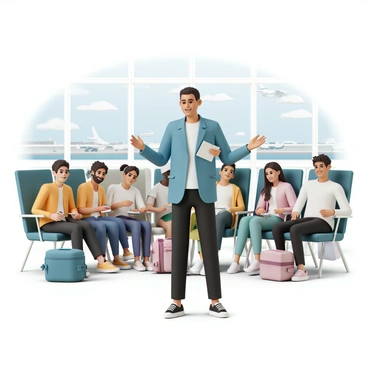 A travel trainer, wearing a blue blazer, white shirt, and black pants, stands confidently in front of a group of excited travelers. The trainer is gesturing enthusiastically while holding a notepad. The travelers, a diverse group of men and women of various ages, are seated in comfortable chairs, listening attentively with smiles on their faces. Some are taking notes, while others have colorful travel bags beside them. Large windows in the background show planes taking off and landing on the runway, and a few people are seen walking through the terminal outside.