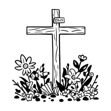 "Jesus" on the cross displayed prominently in the center of the image. The cross is made of weathered wood, with intricate textures visible. Surrounding the cross is a blooming garden filled with various flowers, all depicted in detail. The flowers include roses, daisies, and lilies, creating a lush environment. There are leaves and branches surrounding the flowers, adding depth to the scene. The ground is covered with grass and small pebbles, leading up to the base of the cross.