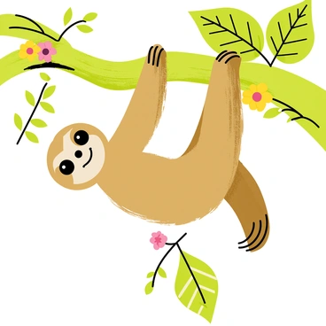 A cartoon-style illustration of a "peaceful sloth" hanging upside down from a tree branch. The sloth has a content expression on its face, with large, round eyes and a slight smile. The tree branch is thick and textured, covered with "vibrant green moss." Surrounding the sloth, there are various types of "lush rainforest greenery," including broad leaves and colorful tropical flowers. The background features additional foliage, creating a sense of depth and abundance in the rainforest ecosystem.