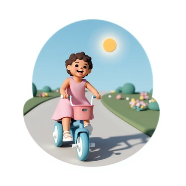 A baby girl, wearing a bright pink dress and white sandals, is riding a small blue tricycle. She has curly brown hair and is grinning widely, showing her tiny teeth. The tricycle has a red front basket. She is pedaling with her little feet, and her arms rest on the handlebars. The driveway is made of light gray concrete and is surrounded by green grass and colorful flowers. The sun is shining brightly in a clear blue sky, casting soft shadows on the ground.