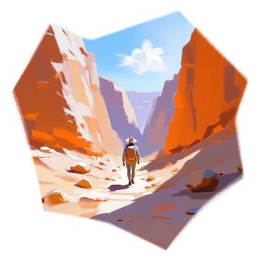 A dry, rocky canyon with steep, jagged cliffs extending upwards on either side. The ground is uneven, scattered with small boulders and loose gravel. In the distance, a lone traveler is walking along a narrow trail that winds through the canyon. The traveler is wearing a wide-brimmed hat, a light jacket, and carrying a small backpack. Sunlight casts harsh shadows on the canyon walls, highlighting the textures of the rocks and the contours of the landscape. The sky above is clear with a few wispy clouds, emphasizing the vastness of the scene.
