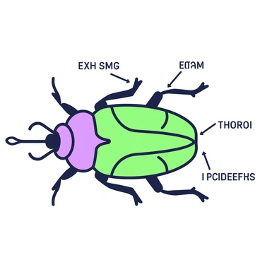 A detailed diagram of a beetle is displayed prominently in the center. The beetle is shown from a side view, clearly revealing its distinct body segments: head, thorax, and abdomen. The head features large compound eyes and antennae extending outward. Each part of the beetle is labeled with arrows pointing to specific features, including the elytra, legs, and mouthparts. The legs are segmented, and two pairs are clearly visible extending from the thorax. The abdomen is divided into visible sections, showcasing the insect's exoskeleton. The diagram includes a gray background for clarity, enhancing the visibility of the beetle and its labeled anatomy.
