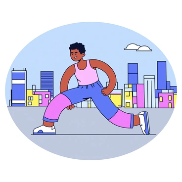 A person wearing athletic clothing is performing a reverse lunge on a flat rooftop. The individual has one leg extended back while the other leg is in front, bent at the knee. The city skyline is visible in the background, featuring tall buildings and a clear blue sky. The rooftop surface is gray and smooth, contrasting with the vibrant colors of the city below.