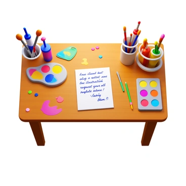A wooden desk cluttered with vibrant paint tubes in various colors, scattered brushes of different sizes, and a freshly opened letter. The letter features a neatly handwritten illustration request, with ink slightly smudged from the excitement of the artist. Nearby, a few paint splatters decorate the desk surface, adding to the artistic chaos. A small palette with mixed colors lies to one side, reflecting the creative energy of the space.