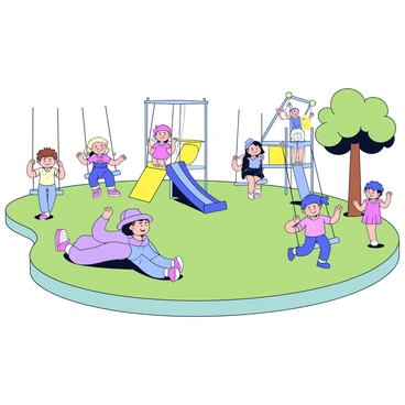 A playground scene filled with children enjoying their time. There are multiple swings where children are happily swinging back and forth. Nearby, a colorful slide has a child sliding down with a big smile. In the background, more children can be seen climbing on a play structure. The ground is covered with soft, green grass, and a few trees provide shade around the playground.