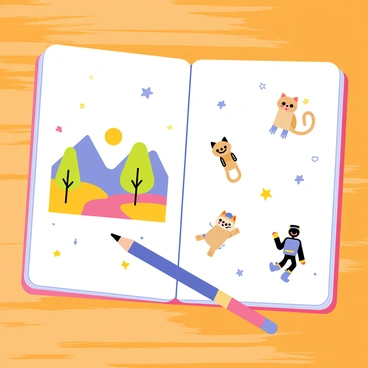 An open sketchbook lies on a wooden table, revealing a variety of illustrations and doodles. The left page features a colorful landscape with mountains, trees, and a bright sun. The right page displays whimsical characters like a smiling cat wearing a hat and a dancing robot. Scattered across both pages are random doodles, including stars, hearts, and swirls, adding a playful touch to the collection. A pencil rests beside the sketchbook, hinting at the creative process behind the drawings.
