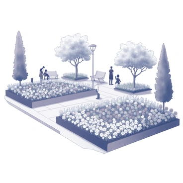 A public garden filled with a variety of blooming flowers, arranged in neatly manicured beds. The flowers display an array of shapes and sizes, some standing tall while others are low to the ground. There are visitors strolling along the paved pathways, some stopping to admire the flowers, while others are engaged in conversation. Benches are placed throughout the garden, inviting people to pause and enjoy the surroundings. Trees provide shade, adding to the pleasant atmosphere of the garden scene.