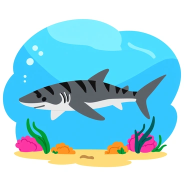 A tiger shark with distinctive dark stripes gliding effortlessly through crystal-clear water. The shark's sleek body is streamlined, showcasing its powerful fins as it maneuvers gracefully. Surrounding the shark are colorful coral formations and vibrant schools of small fish that add life to the underwater scene. Sunlight filters through the water, creating shimmering patterns on the sandy ocean floor below.
