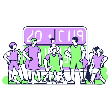 A group of players stands near a shiny scoreboard, their reflections visible on its glossy surface. The scoreboard displays the current score of a tied game, with numbers illuminated clearly. Each player is dressed in matching uniforms, and they exhibit a range of expressions including determination and focus. The setting captures the intensity of the moment, with the players positioned in front of the scoreboard, making it the focal point of the image. The surrounding area is filled with spectators, eagerly watching the unfolding event.