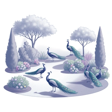 A lush garden filled with various plants and flowers. The garden contains several peacocks, each displaying their "colorful plumage" in full fan. The peacocks are positioned in different areas of the garden, with some perched on branches while others stroll along gravel pathways. The background consists of tall trees providing shade and a sense of depth, while clusters of vibrant flowers add detail to the landscape. Soft shadows are cast on the ground, enhancing the natural beauty of the scene.