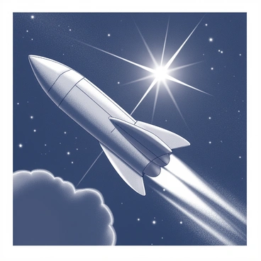 A sleek rocket ship with a streamlined design is flying through space. The ship is oriented upwards, heading toward a bright pulsar in the distance. The pulsar emits strong beams of light, creating a contrast against the dark expanse of space. In its wake, the rocket ship leaves behind glowing trails, forming luminous patterns that suggest motion. The scene captures the expanse of space, with stars twinkling faintly in the background.