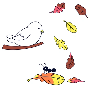 A white colombe with soft feathers is perched on a low branch, looking curiously at the ground. Below, a small black ant is crawling energetically along a vibrant orange and yellow autumn leaf. Surrounding them are various leaves in shades of red, brown, and gold, gracefully falling from the trees above. The atmosphere is lively as more leaves cascade through the air, creating a colorful carpet on the ground.