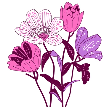 A collection of flowers with a range of shapes and sizes is displayed against a simple background. Each flower has petals adorned with intricate patterns and designs inspired by decorative motifs, creating a visually rich texture. The petals feature swirling lines, geometric shapes, and detailed embellishments that enhance their beauty. Vivid colors highlight the unique designs of each flower, creating a captivating arrangement that draws the eye.