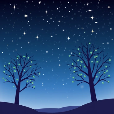 A clear night sky in May is filled with countless twinkling stars forming constellations. The silhouettes of tall trees with thin branches and leaves are positioned in the foreground, contrasting against the bright stars. The deep blue and black hues of the sky create a vivid backdrop, enhancing the sparkle of the stars. The scene captures the stillness of the night, with the trees standing majestically against the luminous celestial display.