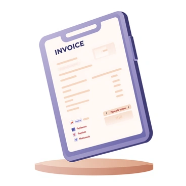 A digital flat illustration showing a smartphone screen. The screen displays a detailed "Digital Invoice" at the top in bold text. Below the title, there is a summary of items purchased, with each item listed clearly, including descriptions and prices. Multiple "Payment Options" are shown below the summary, represented as buttons with icons for credit card, PayPal, and other payment methods. The background of the smartphone screen is a soft white, and the overall design is clean and organized. The smartphone is positioned upright on a wooden surface, with a subtle shadow adding depth to the scene.