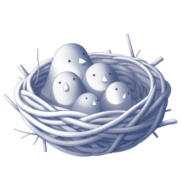 A bird's nest made of intertwined yarns, featuring a mix of textures and patterns. The nest is round and slightly messy, with strands of yarn looped together to create a cozy interior. Inside the nest, there are several small birds sitting close together, each with distinct shapes but similar sizes. The birds have soft, rounded bodies and are nestled comfortably among the yarn, their beaks open as if chirping. The surrounding area has hints of twigs and leaves, adding to the natural feel of the scene.