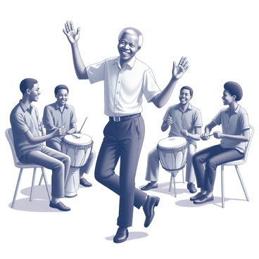 Nelson Mandela is depicted dancing joyfully in a vibrant outdoor setting. He is surrounded by several musicians playing traditional African instruments, such as a djembe drum and a kora. The musicians are engaged in their music, with some smiling and others focused on their instruments. Mandela's movements express happiness, as he interacts with the musicians and the rhythm of the music. The scene captures the essence of celebration and cultural unity, showcasing a moment filled with energy and life.