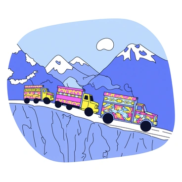 A caravan of five brightly decorated trucks driving along a rugged mountain road. Each truck has unique colorful patterns and designs, showcasing traditional motifs. The road is narrow and winding, with rocky terrain on one side and steep cliffs on the other. In the background, there are towering snow-capped mountains against a clear blue sky. Dust is rising from the tires as the trucks maneuver through the uneven ground, creating a sense of movement and adventure.