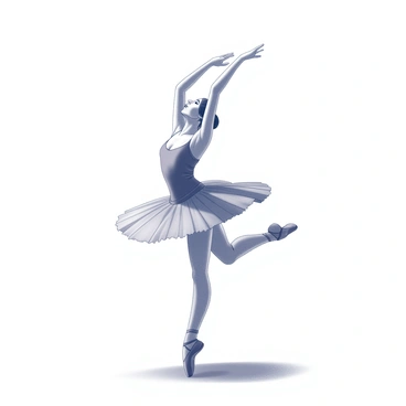 A ballet dancer in a flowing tutu is captured in mid-pirouette. Her arms are elegantly raised above her head, and her body is in a perfect spiral, showcasing her balance and poise. The dancer is wearing ballet shoes that blend with the polished stage beneath her. The stage is well-lit, highlighting the graceful lines of her form and the intricate details of her costume. The background features soft shadows that complement the dramatic pose, adding depth to the performance setting.