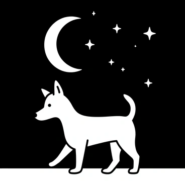 A scenic minimalist illustration of a dog walking under a crescent moon