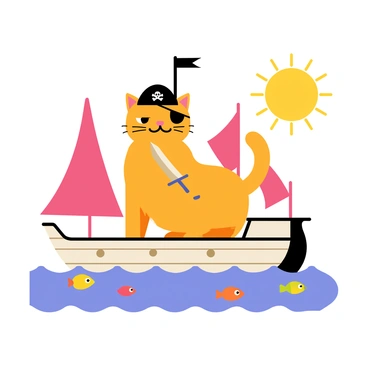 A cartoon cat with orange fur wearing a black pirate hat and an eye patch. The cat stands confidently on the deck of a small toy ship, gripping a tiny wooden sword in one paw. The ship has red sails and a playful skull and crossbones flag fluttering in the breeze. Waves gently lap against the sides of the ship, and a few colorful fish can be seen jumping out of the water nearby. The sun shines brightly in a clear blue sky, adding a cheerful atmosphere to the scene.