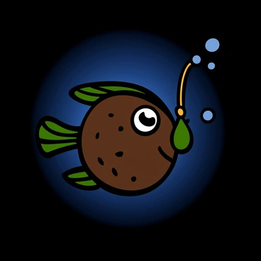 Close-up of an anglerfish with big eyes and textured skin. The fish is mostly dark brown with hints of green. The glowing lure extends from its forehead, emitting a soft, bluish light that illuminates the surrounding water. The lure has a bulbous shape with a delicate, translucent filament extending from it. Small bubbles rise around the anglerfish, enhancing the underwater scene. The background is a gradient from deep blue to black, representing the depths of the ocean.