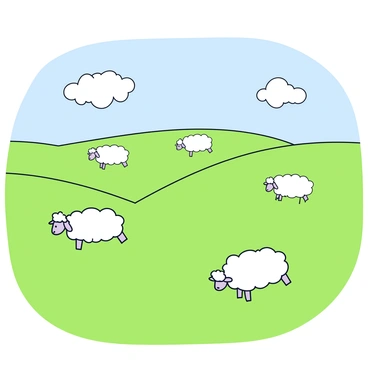 A wide expanse of lush green pastures with soft, rolling hills. Scattered throughout the grass are several white sheep, calmly grazing. The sheep have fluffy coats and are positioned in various spots across the field. In the background, there is a clear blue sky with a few fluffy white clouds. The grass appears vibrant and healthy, creating a serene environment for the sheep.