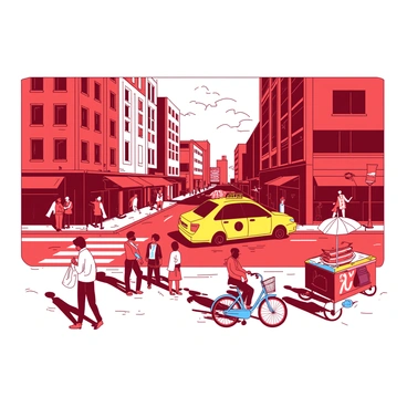 A red city street is bustling with activity during the day. There are various people walking on the sidewalks, some holding shopping bags and others talking on their phones. A yellow taxi cab is in motion, weaving through the traffic, while a blue bicycle is parked beside an outdoor café. Nearby, a vendor is selling hot dogs from a bright colored cart, and a small group of children can be seen playing near a street performer. The buildings lining the street are tall and varied in design, creating a lively urban atmosphere.