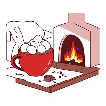 A red cup filled with hot chocolate is placed on a wooden table next to a white fireplace. The surface of the hot chocolate is topped with fluffy white marshmallows, some slightly melted. The fireplace is burning with orange flames, casting a warm glow in the cozy setting. There are a few scattered chocolate shavings on the table, and the background features a soft white blanket draped over a nearby chair.