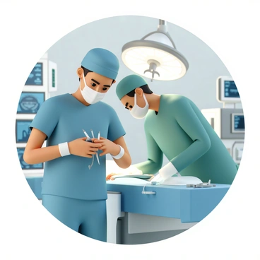 A nurse, wearing blue scrubs and a surgical mask, is standing beside a surgeon, who is wearing green scrubs, a surgical cap, and a mask. The nurse holds a set of surgical instruments, focusing intently on the surgeon's instructions. The surgeon is leaning over a patient on the operating table, concentrating on the procedure, with bright operating lights illuminating the scene. Various medical equipment and monitors are visible in the background, showcasing a busy operating theater environment. Both the nurse and surgeon are displaying expressions of determination and collaboration.