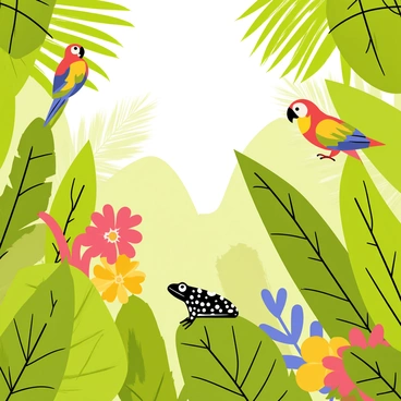 A vibrant rainforest scene teeming with oversized leaves, flowers, and exotic creatures.