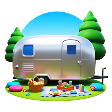 A shiny vintage Airstream trailer with a reflective surface parked in a scenic spot. The trailer features curved lines and polished accents. Outside, there is a picnic setup on a colorful blanket. The picnic includes a wicker basket filled with various foods, plates, and drinks. Nearby, there are scattered cushions for seating. Surrounding the scene are lush green trees and vibrant flowers that enhance the outdoor atmosphere. A clear blue sky provides a bright backdrop to this inviting setup.