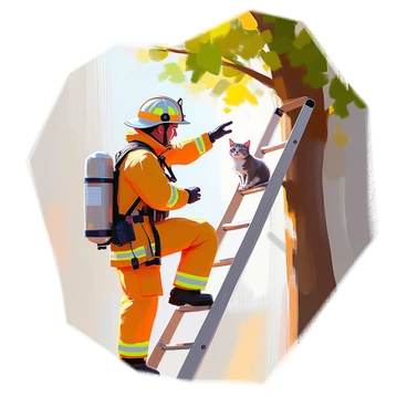 A firefighter wearing a full set of protective gear, including a helmet and jacket, is climbing a sturdy ladder leaning against a tree. The firefighter is reaching out with one hand towards a small, frightened kitten sitting on a branch. The kitten has fluffy fur, with a mix of colors, and wide eyes. The tree is tall with lush green leaves, creating a vibrant backdrop. Sunlight filters through the branches, illuminating the scene as the firefighter focuses intently on the rescue.