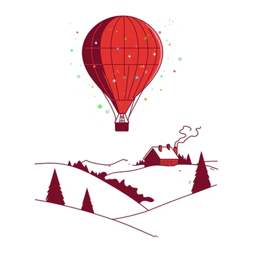 A red hot air balloon is floating gently above a white snowy landscape. The balloon is adorned with colorful Christmas lights that are twinkling brightly against the backdrop of the clear sky. Below the balloon, there are rolling hills covered in a thick layer of snow, and small patches of evergreen trees peeking through the snow. In the distance, a cozy cabin with smoke curling from its chimney can be seen nestled among the hills. The entire scene conveys a sense of festive cheer and winter beauty.