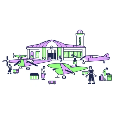 A retro airport scene is depicted with several propeller planes parked on the tarmac. Each plane features distinct vintage colors and designs. In the background, a classic terminal building stands prominently, showcasing architectural features such as large windows and a peaked roof. Scattered around the airport, there are small luggage carts and a few vintage cars parked near the terminal entrance. The atmosphere is bustling, with people in vintage clothing walking towards the planes, while a few others are checking in at the ticket counter near the terminal.