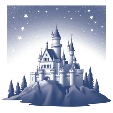 An enchanted castle sits majestically on a hilltop. The castle features tall spires and intricate architectural details. Surrounding the castle are numerous trees, their silhouettes adding to the scene. Above, a starry night sky is filled with a multitude of stars, twinkling brightly in a vast expanse. The overall composition conveys a sense of wonder and magic, creating an inviting atmosphere for a book cover.