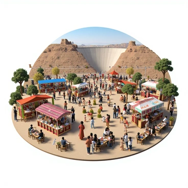 A vibrant cultural event is taking place near the Hoover Dam. The scene is bustling with visitors exploring various booths decorated with colorful banners and cultural artifacts. Some booths are selling traditional crafts and souvenirs, while others offer a variety of local foods and beverages. There are several activities for visitors to engage in, including traditional dance performances on a small stage, where performers are wearing brightly colored, ornate costumes. Families and groups of friends can be seen participating in games and interactive workshops, surrounded by the stunning backdrop of the Hoover Dam and the surrounding landscape. The atmosphere is lively, with laughter and music filling the air.