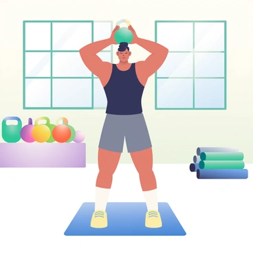 A person with tan skin is standing on a blue mat, stretching their arms overhead in preparation for a kettlebell deadlift session. They are wearing a black tank top and gray athletic shorts. The bright studio features large windows allowing natural light to flood in, illuminating the space. In the background, there are colorful kettlebells arranged neatly on a shelf, along with a few yoga mats stacked in one corner. The walls are painted a light pastel color, creating an energetic atmosphere.