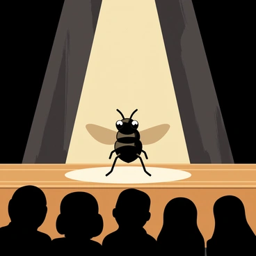 A small black fly with shiny wings stands confidently on a wooden theater stage. The stage is illuminated by bright, focused spotlights that create a dramatic effect. The fly is positioned center stage, with its body slightly angled as if delivering an important speech. The background features dark velvet curtains, enhancing the spotlight's brightness. The audience, made up of tiny silhouettes, is visibly engaged, some leaning forward in anticipation. The fly's mouth opens wide, emphasizing the intensity of the monologue.