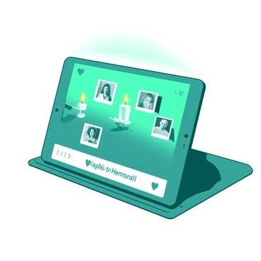 A teal digital tablet is positioned upright on a sleek white surface. The screen shows a "virtual memorial wall" filled with glowing white candles and photographs of loved ones. Each photograph has a small, glowing border, and there are heart-shaped icons next to some of the images. The background of the wall is a soft gradient transitioning from teal to white, enhancing the reverent feel of the display. Above the tablet, a gentle light casts a soft glow to illuminate the scene.