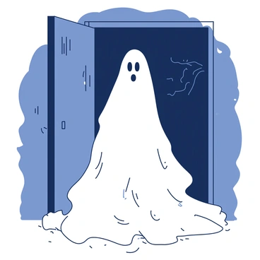 A pale ghostly figure is standing in a doorway, shrouded in a soft mist. The figure has a flowing silhouette that blends seamlessly into the fog surrounding it. The doorway is partially open, revealing dark shadows on the other side, with a faint glow hinting at light beyond. The ghost's features are indistinct, adding to the air of mystery. The environment around the doorway is dimly lit, heightening the sense of foreboding.
