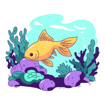 A golden goldfish is swimming gracefully through an underwater garden filled with vibrant coral and lush seaweed. The coral formations are in shades of teal and purple, creating a striking contrast against the golden hues of the fish. Various types of seaweed sway gently with the currents, adding movement to the scene. Small bubbles rise around the goldfish as it glides through the water, exploring its colorful surroundings. The light filters down from above, illuminating the underwater garden with a soft glow.