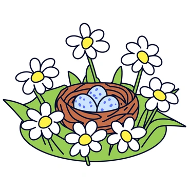 A bird's nest made of twigs and leaves is nestled among vibrant white daisies with yellow centers. The nest is small and contains three tiny eggs, which are pale blue with speckled patterns. The scene is filled with green grass surrounding the flowers, and the sun casts gentle shadows on the nest.
