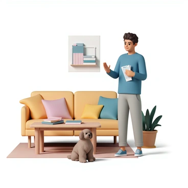 A person, wearing a blue sweater and gray sweatpants, stands in a cozy living room, holding a stack of notes in one hand. They are looking at a piece of paper while gesturing with their other hand, practicing their speech. The room is warmly lit, featuring a comfortable sofa with colorful pillows and a wooden coffee table. A fluffy brown dog, sitting on the floor, is looking up at the person with an attentive expression. There are books on a nearby shelf and a potted plant in the corner, adding to the inviting atmosphere.