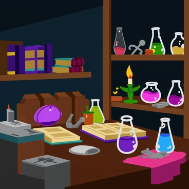 A dark, arcane laboratory filled with various bubbling potions in colorful glass vials. Each potion glows with a different hue, casting vibrant reflections on the surfaces around. Ancient books with worn leather covers are stacked haphazardly on wooden shelves, their pages slightly yellowed and some left open to reveal intricate diagrams. Magical artifacts, such as a glowing crystal orb and a set of ornate, metallic tools, are scattered across a wooden workbench. A tall, flickering candle casts soft shadows on the walls, enhancing the mysterious atmosphere of the space.