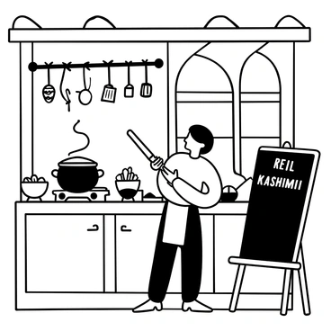 A Kashmiri cook wearing traditional clothing stands at a wooden kitchen counter, skillfully chopping fresh vegetables with a large knife. There is a copper pot simmering on the stove, filled with aromatic spices and ingredients. Various spices are neatly arranged in small bowls nearby. The kitchen features stone walls and wooden beams overhead, with an arrangement of hanging utensils and pots. A window allows sunlight to filter in, illuminating the scene. "Traditional Kashmiri meal preparation" is displayed prominently on a chalkboard leaning against the wall.