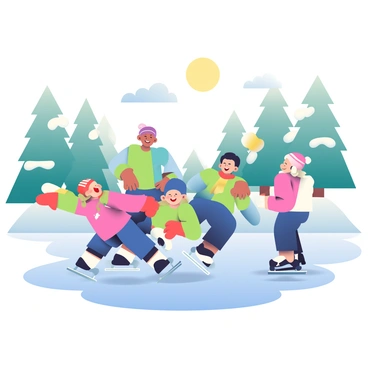 A group of children is ice skating on a frozen pond, surrounded by a snowy landscape. Some children are wearing colorful winter jackets, while others have on bright hats and gloves. One child is falling playfully on the ice, while another is helping them up, both laughing. A third child is gliding smoothly across the ice, arms stretched out for balance. In the background, there are tall evergreen trees dusted with snow, and the sun is shining in a clear blue sky above, casting soft shadows on the ice.