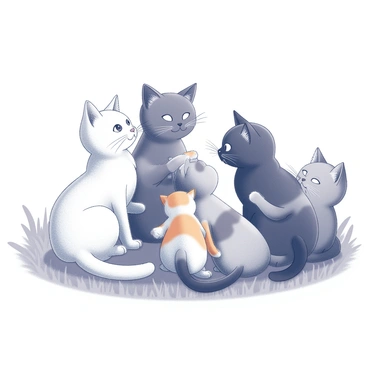 A group of five cats sitting in a circle on a grassy surface. Each cat has distinct features; one is a fluffy white Persian, another is a sleek black Siamese, a third is a tabby with orange stripes, a fourth is a calico with patches of orange and black, and the last is a gray British Shorthair. Their ears are perked up and their eyes are wide, indicating engagement. The cats are positioned closely together, facing each other, creating an intimate atmosphere. Some cats have their paws outstretched, as if they are gesturing while they "talk." The background features simple outlines of blades of grass.